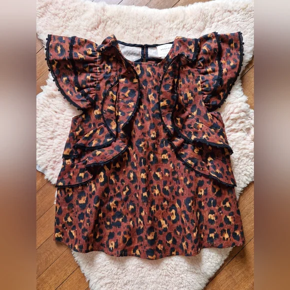 Sezane Brown Leopard Ruffle Blouse - Picture 2 of 6